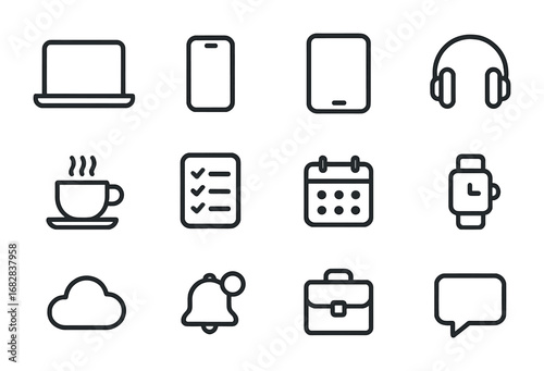 Multitasking Lifestyle Icons. Outline icon set of multitasking lifestyle: open laptop, smartphone, tablet,