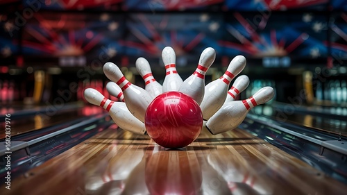 Dynamic action shot of a red bowling ball striking ten pins on a polished wooden lane in a colorful bowling alley