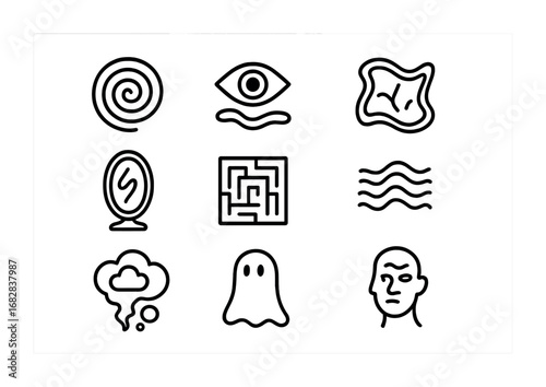 Surreal Icons Collection. Outline icon set of distorted perception: spiral, floating eye, warped clock, mirror