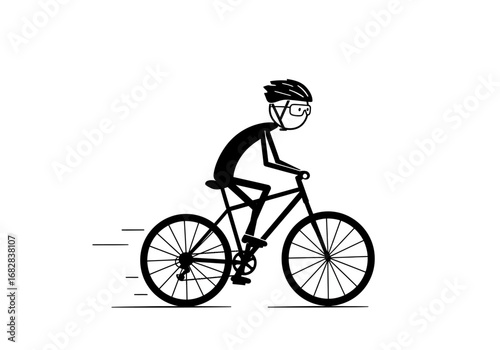 A stick figure wearing a helmet rides a bicycle Speed lines are shown