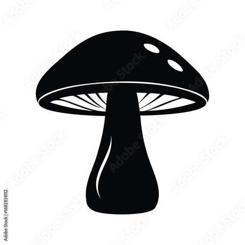 Black and white mushroom illustration with spots on cap and gills, minimalist mushroom design silhouette vector illustration