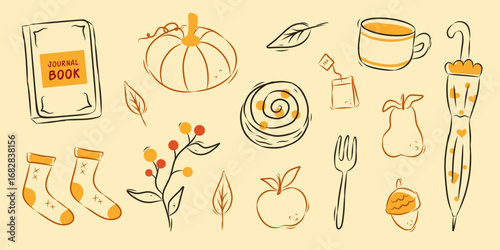 Autumn vector elements set. Cozy fall doodle sticker. Hello fall greeting or pattern. Isolated background. Illustration in the whimsical style.