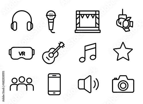 Concert Icon Set. Outline icon set of immersive concerts: headphones, microphone, stage, spotlight, VR headset