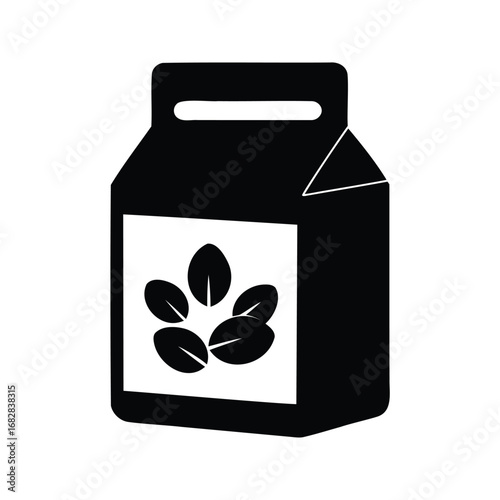 Black and white graphic of coffee bean package with carrying handle, multivitamin box silhouette vector illustration
