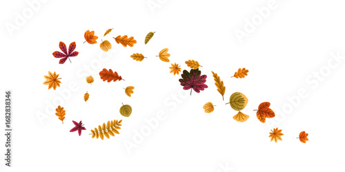 Fall leaves whirl wind. Autumn tree leaf spinning in air, swirl, twirl and vortex motion, dynamic movement. Forest foliage, spiral helix pattern. Flat vector illustration isolated on white background