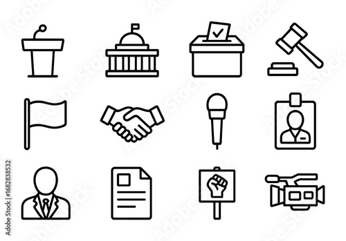 Political Icons Set. Outline icon set of political reporting: podium, parliament building, ballot box, gavel,