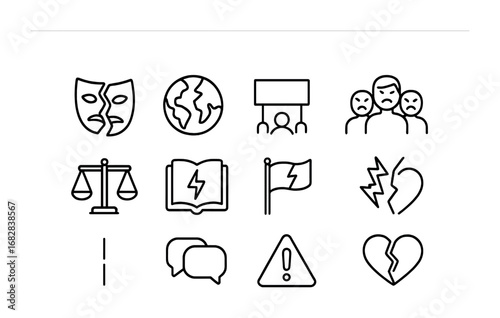 Cultural Conflict Icons. Outline icon set of cultural conflicts: broken mask, globe, protest banner, angry