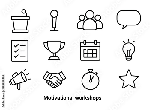Motivational Workshop Icons. Outline icon set of motivational workshops: podium, microphone, audience, speech