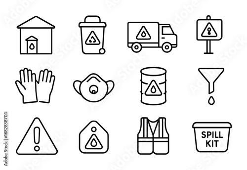 Hazardous Disposal Icons. Outline icon set of community hazardous disposal: drop-off center, recycling bin,