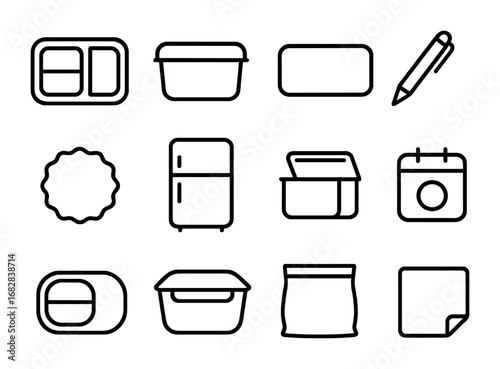 Meal Prep Icons. Outline icon set of meal prep: lunch box, container, label, pen, sticker, fridge, freezer,
