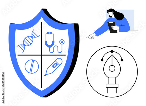 Shield with DNA, stethoscope, pill, thermometer woman with a tablet gesturing design pen tool icon. Ideal for healthcare, medical safety, creativity, design, digital workflow multitasking
