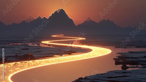 Serene Mountain Sunset with a Glowing River Pathway for Tranquil Nature Designs