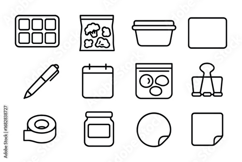 Freezer Storage Icons. Outline icon set of freezer storage: ice tray, frozen food, container, label, pen, date