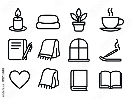 Mindfulness Icons Set. Outline icon set of mindfulness moments: candle, meditation cushion, plant, tea cup,