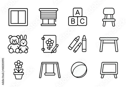 Preschool Playhouse Icons. Outline icon set of preschool playhouse: rectangular window, small blinds, toy