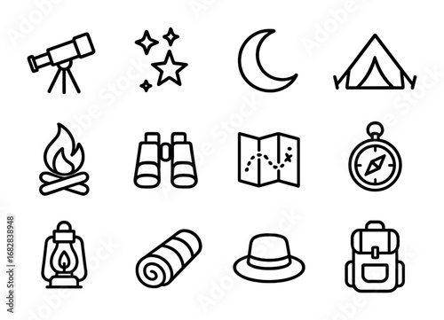 Stargazing Camp Icons. Outline icon set of stargazing camping: telescope, stars, crescent moon, tent, campfire
