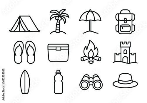 Beach Camping Icons. Outline icon set of beach camping: beach tent, palm tree, sun umbrella, backpack,