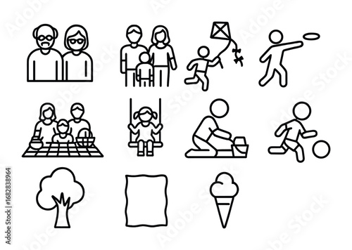 Family Outdoor Icon Set. Outline icon set of outdoor family activities: grandparents, parents, children, kite,