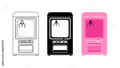 Toy claw machine icon in line editable stroke style, silhouette, colorful. Gift shop doll vending machine template
