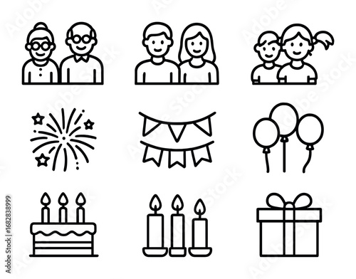 Festive Celebration Icons. Outline icon set of festive celebrations: grandparents, parents, children,