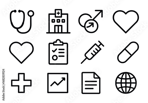 Health Equality Icons. Outline icon set of health equality: stethoscope, hospital, male symbol, female symbol,