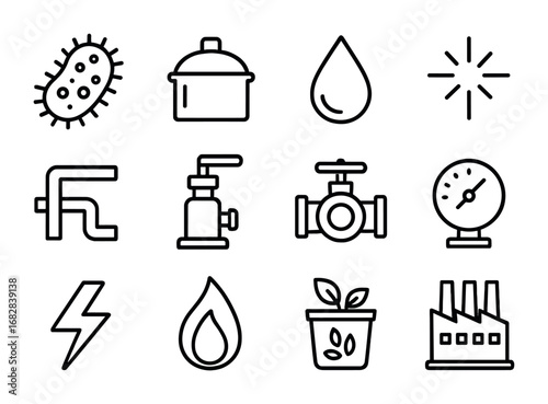 Anaerobic Process Iconography. Outline icon set of anaerobic bio-processes: bacteria, digestion tank, droplet,