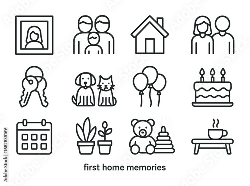 First Home Icon Set. Outline icon set of first home memories: photo frame, family, house, couple, keys, pets,