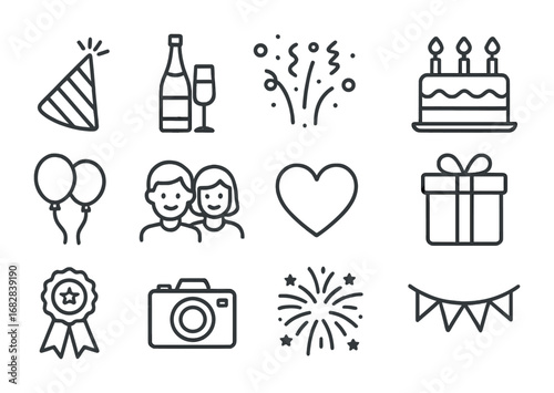 Milestone Celebration Icons. Outline icon set of milestone celebrations: party hat, champagne, confetti, cake,