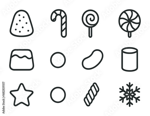 Christmas Candy Icons. Outline icon set of Christmas candy decorations: gumdrop, candy cane, lollipop,
