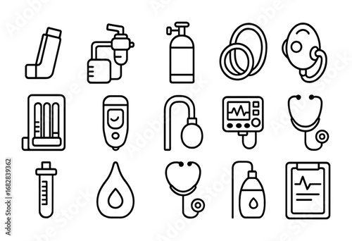 Respiratory Therapy Icons. Outline icon set of respiratory therapy tools: inhaler, nebulizer, oxygen tank,