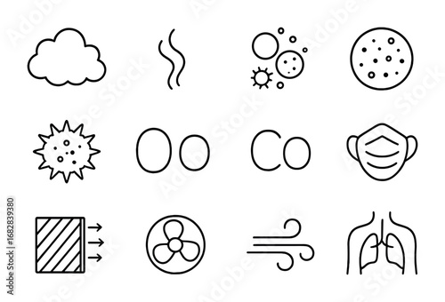 Air Quality Icons. Outline icon set of air quality and breathing: pollution cloud, smoke, allergens, dust