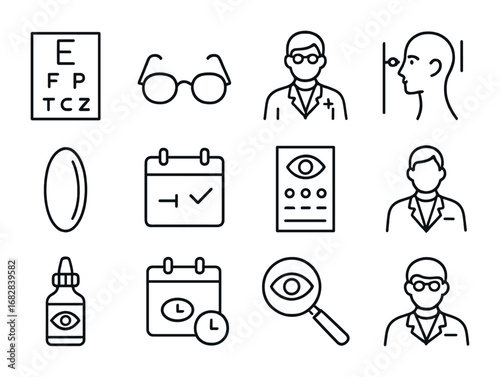 Eye Health Icons. Outline icon set of Eye Health Checkups: eye chart, glasses, optometrist, pupil test, lens,