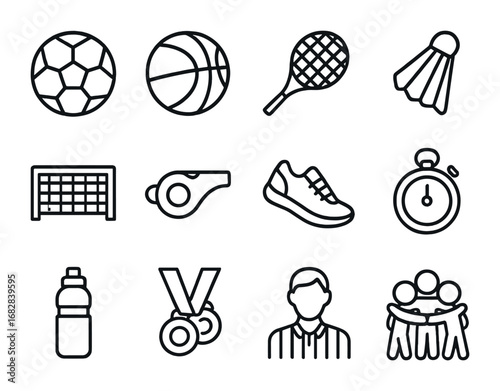 Family Sports Icons. Outline icon set of Family Sports Activities: soccer ball, basketball, tennis racket,