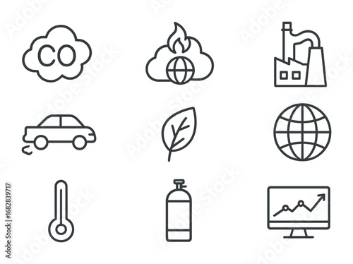 Greenhouse Gas Icons. Outline icon set of Greenhouse Gas Monitoring: carbon dioxide, methane, factory, exhaust