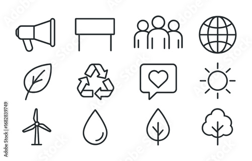 Climate Awareness Icons. Outline icon set of Climate Change Awareness Campaigns: megaphone, banner, group of