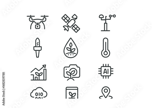 Crop Tech Icon Set. Outline icon set of Crop monitoring technology: drone, satellite, weather sensor, soil