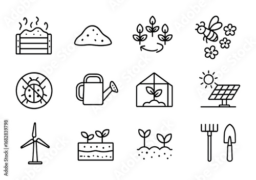 Organic Farming Icons. Outline icon set of Organic farming practices: compost, mulch, crop rotation, bees,