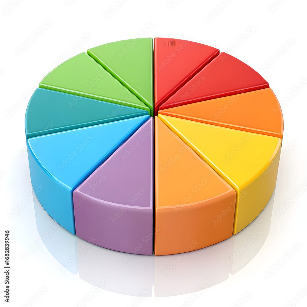 Obraz premium Colorful 3D Pie Chart: Data Visualization, Business Analytics, Marketing Presentation, Ten Sections, Rainbow Colors