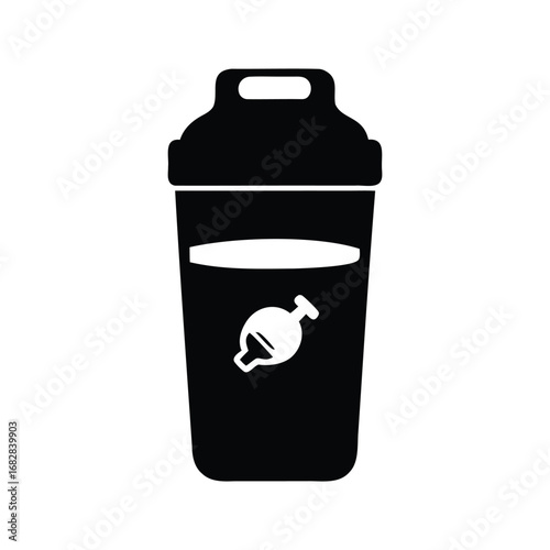 Black and White Silhouette Illustration of a Protein Shaker Bottle with Liquid, pre workout container silhouette vector illustration