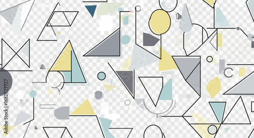 Seamless abstract geometric pattern with a chaotic arrangement of triangles, circles, and lines in a modern minimalist style