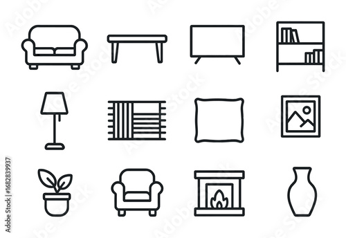 Living Room Icons. Outline icon set of Living room accessories: sofa, coffee table, TV, bookshelf, lamp, rug,