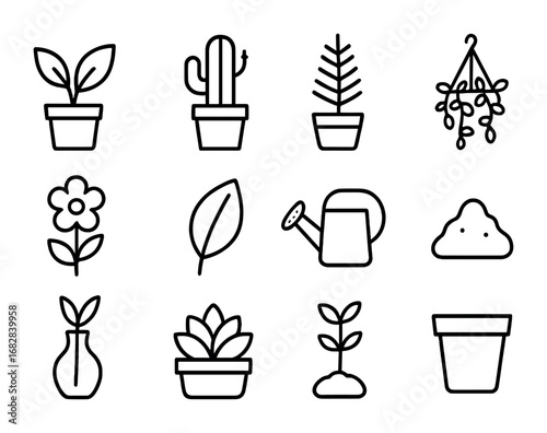 Indoor Plant Icons. Outline icon set of Indoor plants and greenery: potted plant, cactus, fern, hanging plant,