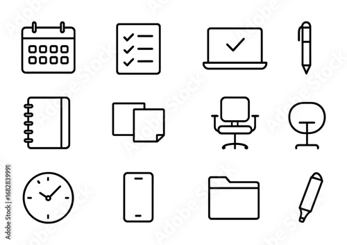Task Planning Icons. Outline icon set of Task planning and coordination: calendar, checklist, laptop, pen,