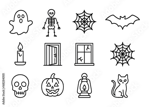 Haunted House Icons. Outline icon set of Haunted house elements: ghost, skeleton, spider web, bat, candle,