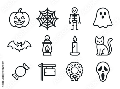 Halloween Icon Set. Outline icon set of Trick-or-treat decorations: pumpkin, cobweb, skeleton, ghost, bat,