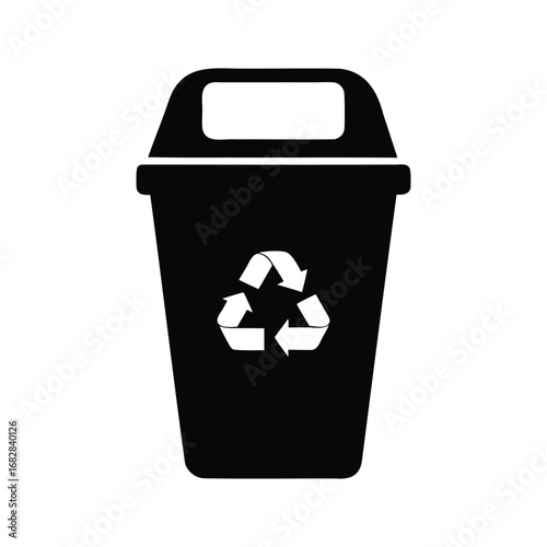 A sleek, black, minimalist recycling bin icon against a clean white background, public trash can silhouette vector illustration