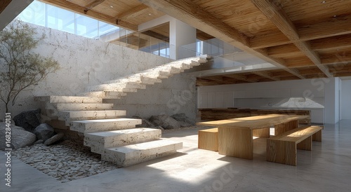Light-filled, modern home interior with a stone staircase and wooden accents