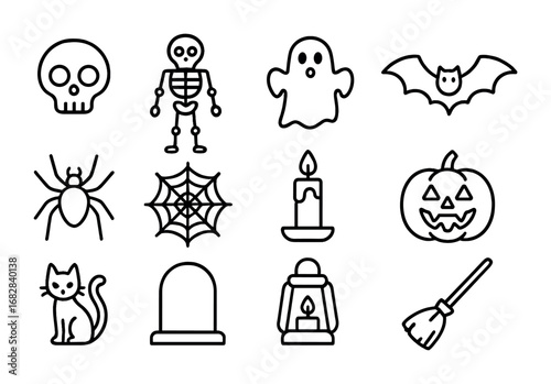 Haunted Halloween Icons. Outline icon set of Haunted Halloween objects: skull, skeleton, ghost, bat, spider,