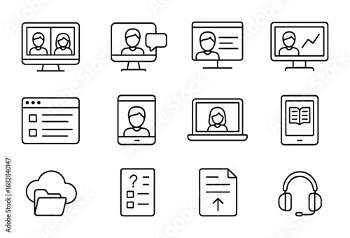 Virtual Classroom Icons. Outline icon set of Virtual classrooms: video call, chat, shared screen, online
