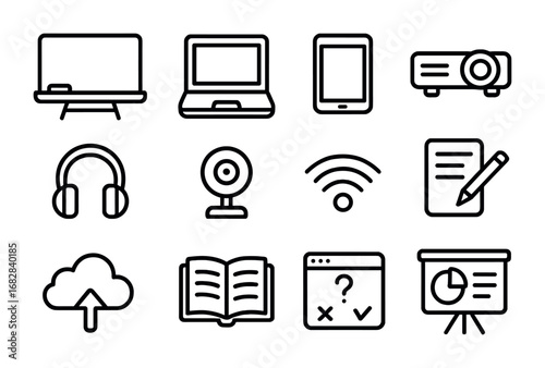 Hybrid Classroom Icons. Outline icon set of Hybrid classroom setup: smartboard, laptop, tablet, projector,